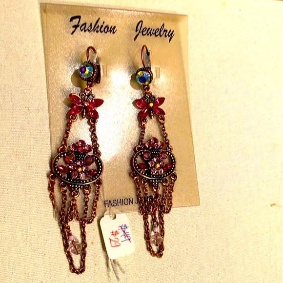 PINK RHINESTONE DANGLING BUTTERFLY EARRINGS - Picture 2 of 4